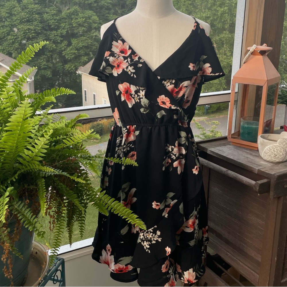 Black Floral Print Open Shoulder Dress